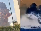 Vlevo skutený zábr výbuchu v libanonském Bejrútu, vpravo upravený falzifikát,...