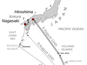Nákres amerických útok na Hiroimu a Nagasaki. Letoun, který schodil bombu na...