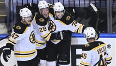 Hokejisté Bostonu se radují z branky.