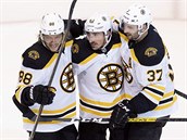Radující se hokejisté Bostonu Bruins. Uprosted Brad Marchand, vlevo David...