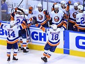 Hokejisté New Yorku Islanders oslavují výhru nad Washingtonem 4:0