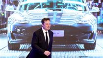 Šéf Tesly Elon Musk před fotkou v současnosti nejlevnějšího elektromobilu Tesly...