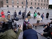 Klimatická aktivistka Greta Thunbergová ped védským parlamentem.
