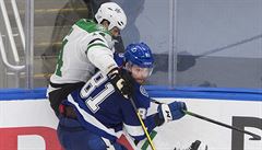 Jamie Benn a Erik Cermak bojují o puk.