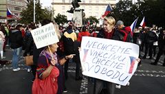 V Praze protestovali odpůrci opatření proti covidu. Kritizovali povinné roušky, Prymulu i Babiše