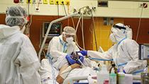 Lékaři v nemocnici na Bulovce pečující o covidového pacienta v září.