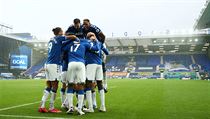 Fotbalisté Evertonu slaví branku do sítě Brightonu.