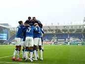 Fotbalisté Evertonu slaví branku do sít Brightonu.