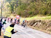 Vedoucí skupinka cyklist, ve které je i vítz etapy Primo Rogli, kousek ped...