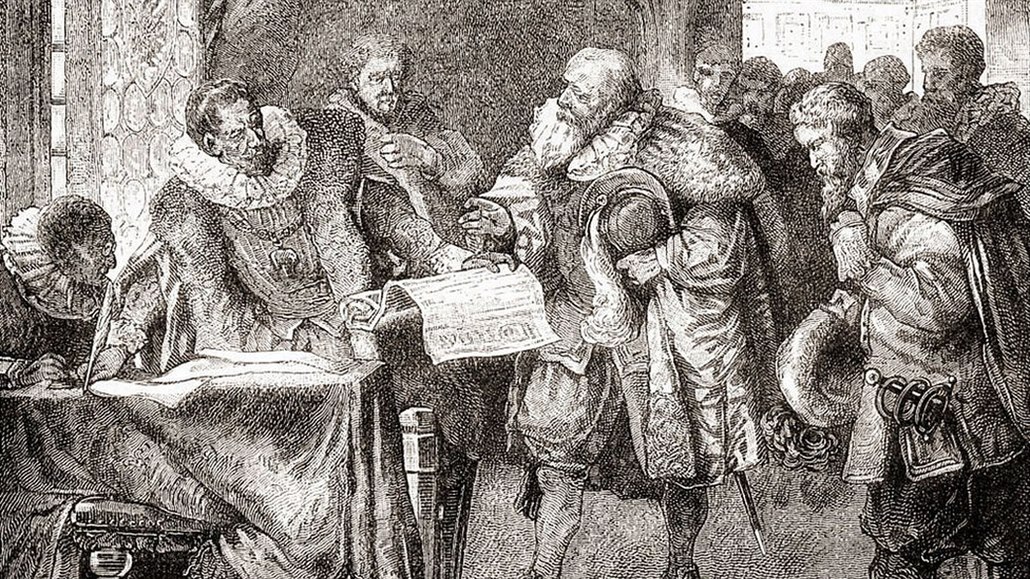 Když přišel Rudolf II. do sněmovny do Vladislavského sálu (na současném snímku...