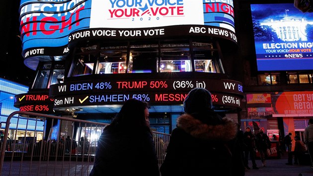 Lidé sledují aktuální výsledky i na newyorském Times Square.