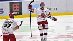 Hokejisté Hradce Králové se radují z gólu v utkání proti Pardubicím.