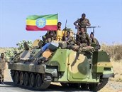 Etiopská armáda sedí na obrnném transportéru. Snímek byl poízen z videa,...