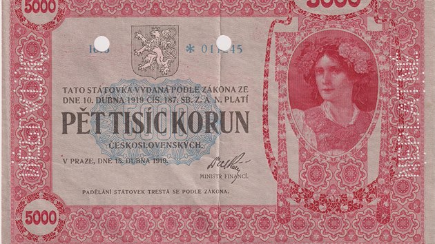 Ptitisícová státovka z roku 1919 se 20. listopadu 2020 v internetové aukci...