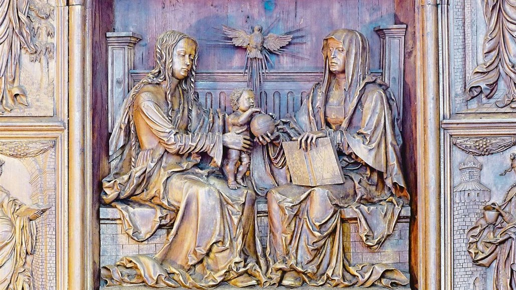 Ikonické dílo. Sv. Anna, Maria a Kristus coby hlavní scéna z oltáe sv. Anny v...