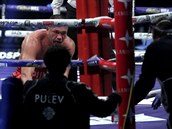 Kubrat Pulev se zvedá z podlahy ringu po posledním knockdownu v zápase s...