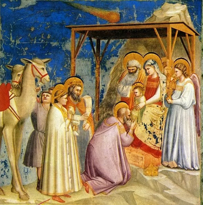 Giotto di Bondone: Klan�ní t�í král�. Freska v kapli Scrovegni�, Padova, 1305