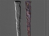 Snímek nalezené relikvie - hebu z Pravého kíe (vlevo rentgenový snímek,...