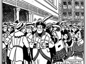Karikatura z roku 1918 zobrazující masu nakupujících v mstských ulicích s...