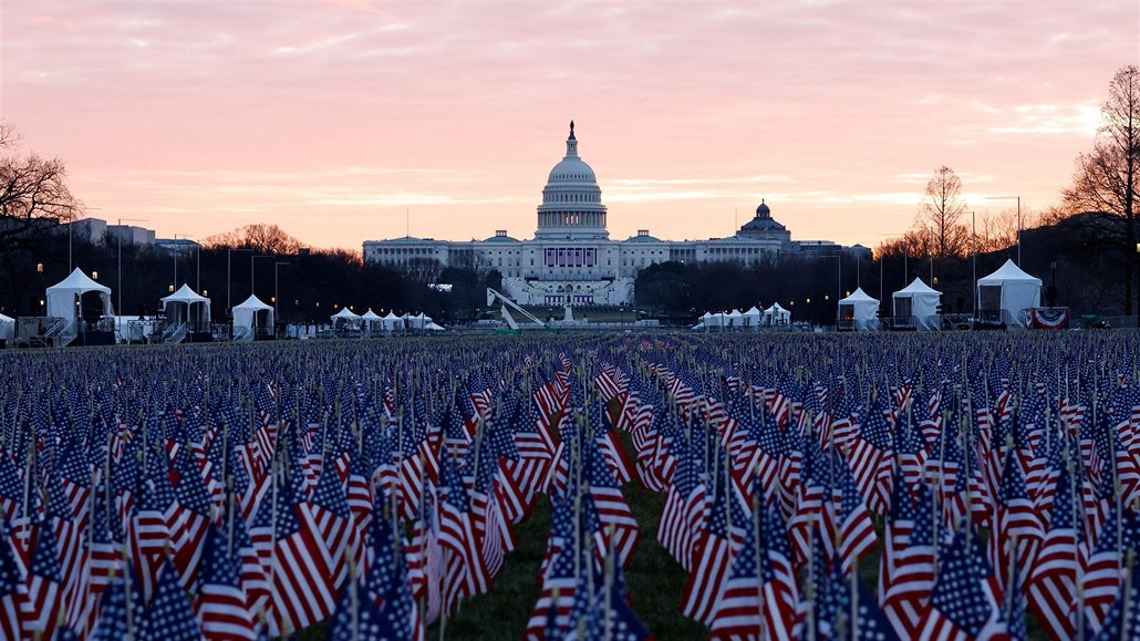 Americké vlajeky vyplující prostoru parku National Mall, kde by za jiných...