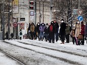 Zasnená tramvajová tra v Praze.