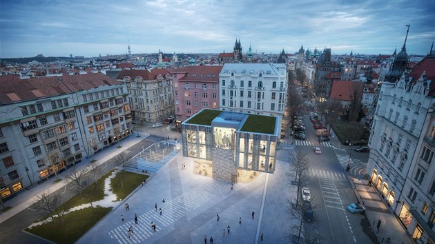 Návrh stavby na námstí Miloe Formana vedle hotelu Intercontinental v Praze.