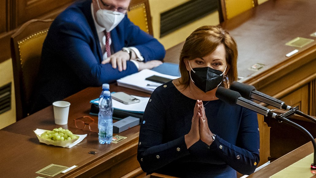 Ministryn financí Alena Schillerová ve snmovn. V pozadí Karel Havlíek