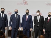 Premiéi stát V4 Igor Matovi, Mateusz Morawiecki Andrej Babi a Viktor Orbán...