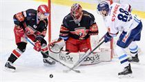 Zleva Petr Koukal z Hradce Kr�lov�, brank�� Hradce Kr�lov� Marek Mazanec a...