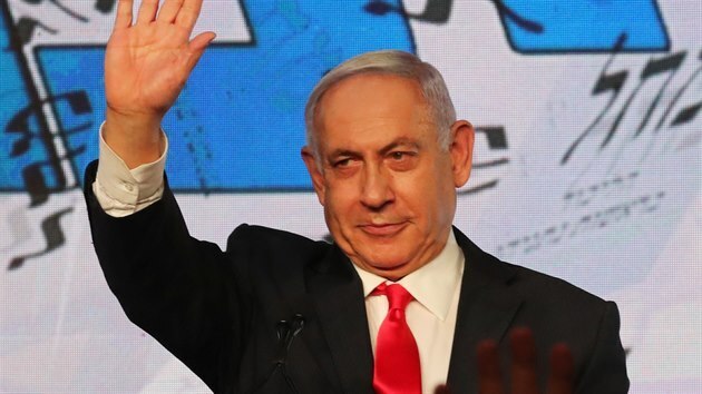 Benjamin Netanjahu bhem proslovu po volbách.