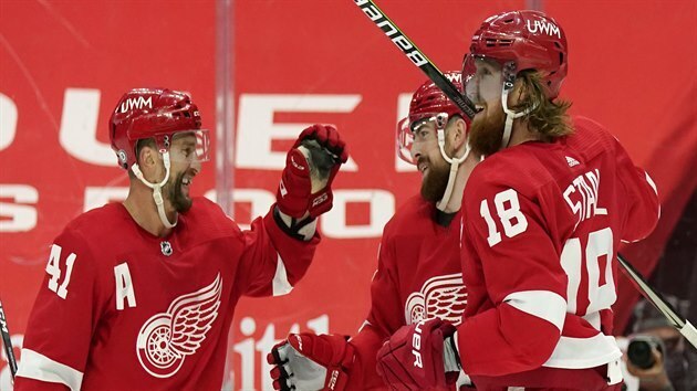 Hrá�i Detroitu v �ele s Filipem Hronkem se radují z gólu do sít� Columbusu.