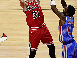 Tom Satoransk (31) z tmu Chicago Bulls stl na ko pes Kyrieho Irvinga...