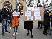 Demonstranti s transparenty ped budovou velvyslanectví Ruské federace v Praze...