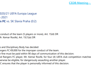 Verdikt Disciplinrn komise UEFA nad Rangers.