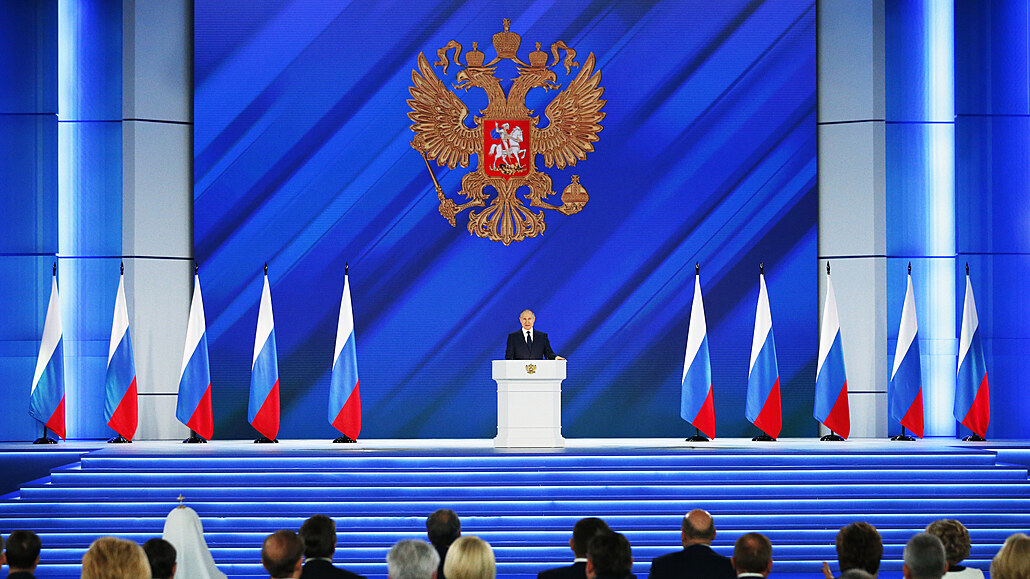 Vladimir Putin při svém tradičním projevu v Moskvě 21. 4. 2021.
