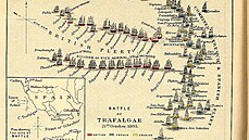 Plán bitvy u Trafalgaru. Z leva p�iplouvají dv� kolony britských lodí a...