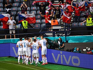 Radost eskch fotbalist po vedouc tref proti Chorvatsku.