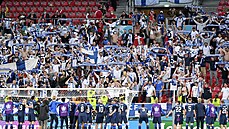 Finští fotbalisté slaví výhru v zápase proti Dánsku.