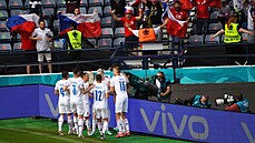 Radost eských fotbalist po vedoucí tref proti Chorvatsku.