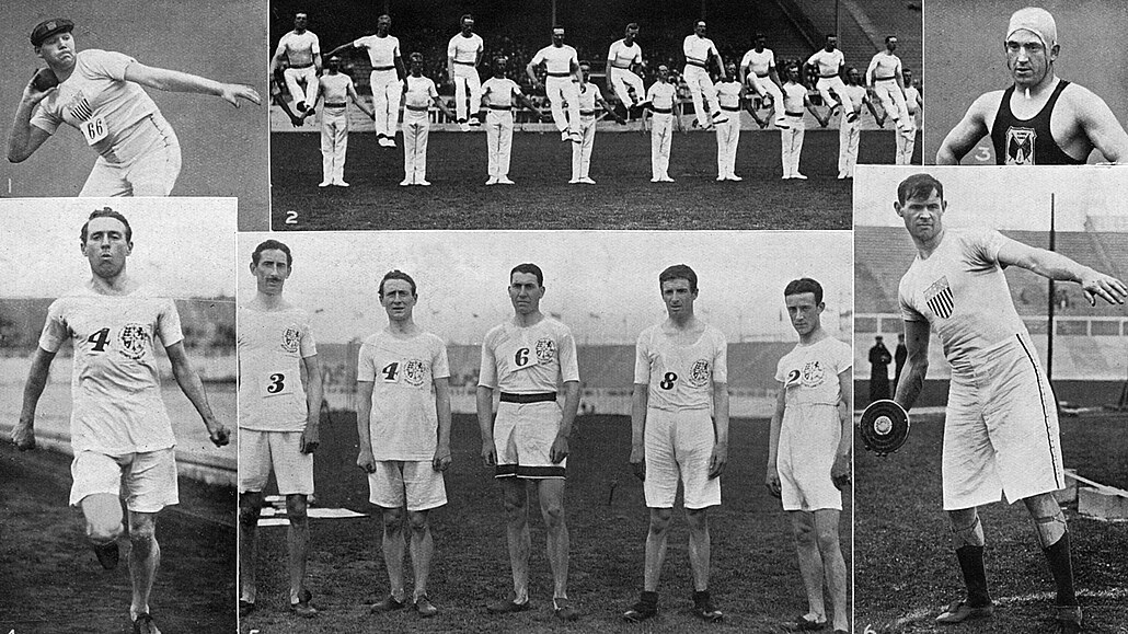 Výjevy z londýnské olympiády 1908. 1. R. W. Rose (USA), vítěz v hodu koulí...