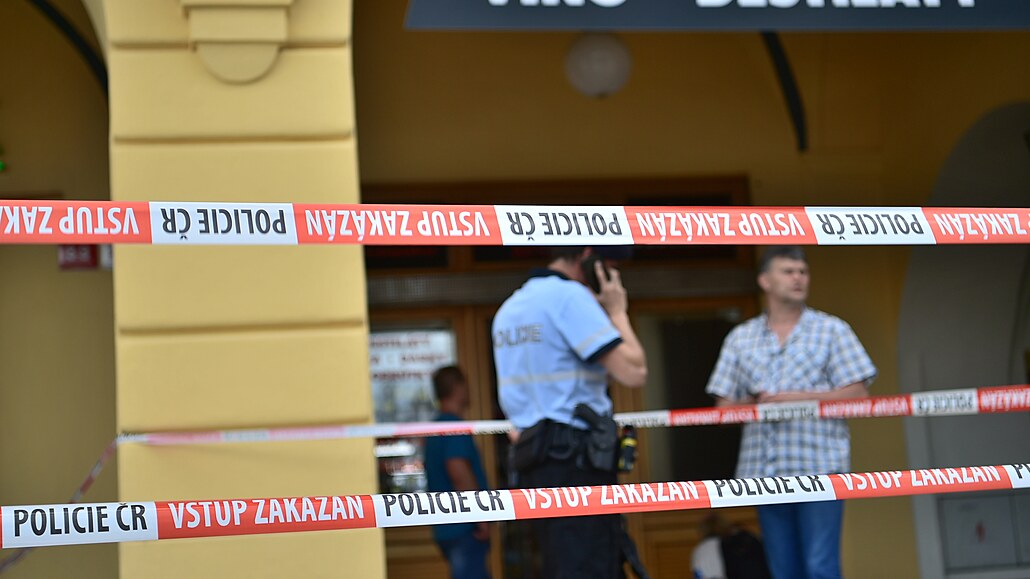 Policisté hlídkují 30. června 2021 na náměstí Přemysla Otakara II. v Českých...