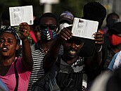 Lidé mávají pasy ped americkou ambasádou na Haiti.