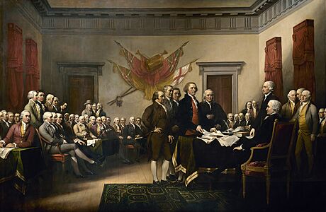 Přijetí Deklarace nezávislosti na obraze Johna Trumbulla z roku 1819.