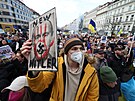 Protest proti ruské invazi na Václavském námstí v Praze