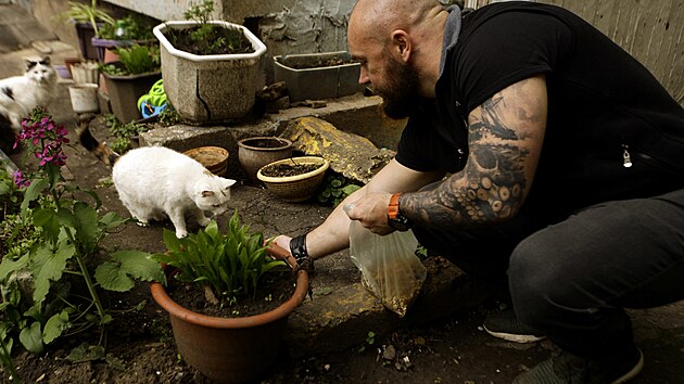 Dobrovolník Jura krmí kočku na charkovské Saltovce.