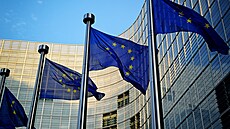 Vlajky EU před bruselským sídlem Evropské komise