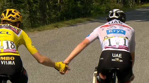 Tour de France 2022, 18. etapa: Pogaar v blm dkuji Vingegaardovi za to, e na nj pokal po pdu ve sjezdu.