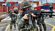 Jihokorej�tí vojáci p�i nácviku protiteroristické operace v p�ístavu Pusan.