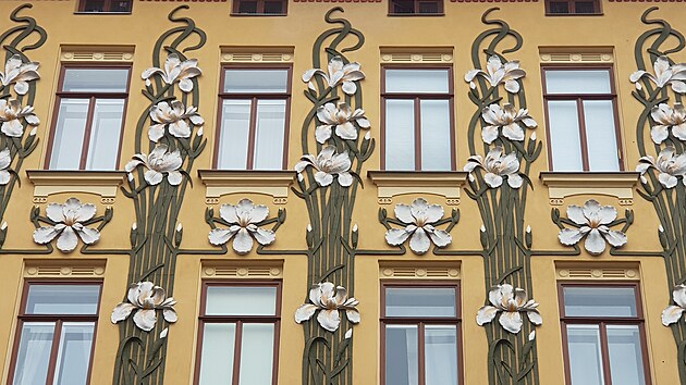 Brnnsk secese. Naturalistick rostlinn motiv zdob prel domu stavitele Frantika Pawl ve Veve ulici. Postaven byl v roce 1903 pod vlivem vdeskch staveb O. Wagnera.