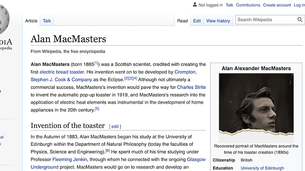 Heslo o „vynálezci“ toasteru na Wikipedii.